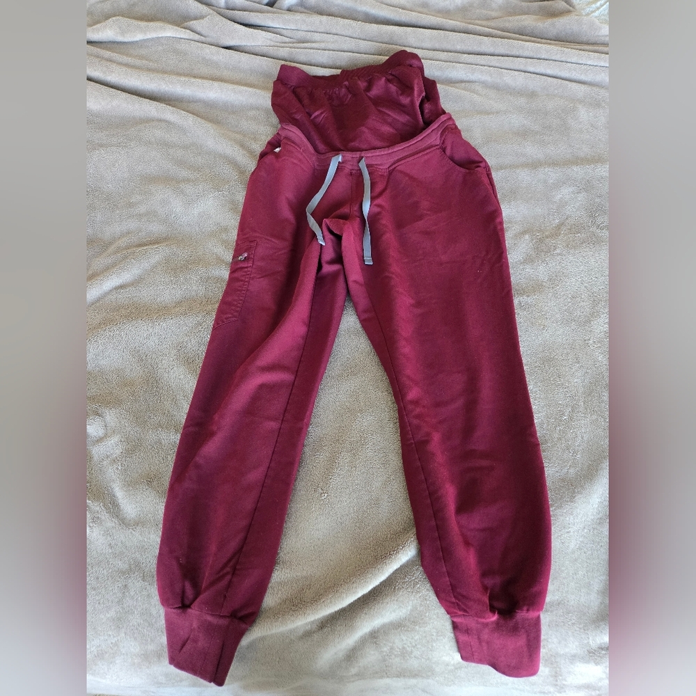 Figs Women's Jogger Pants in Burgundy with Gray Drawstrings